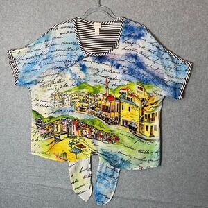 Chico's Tie-Front Top Italy Print Blouse Striped Trim‎ Women's Size 2